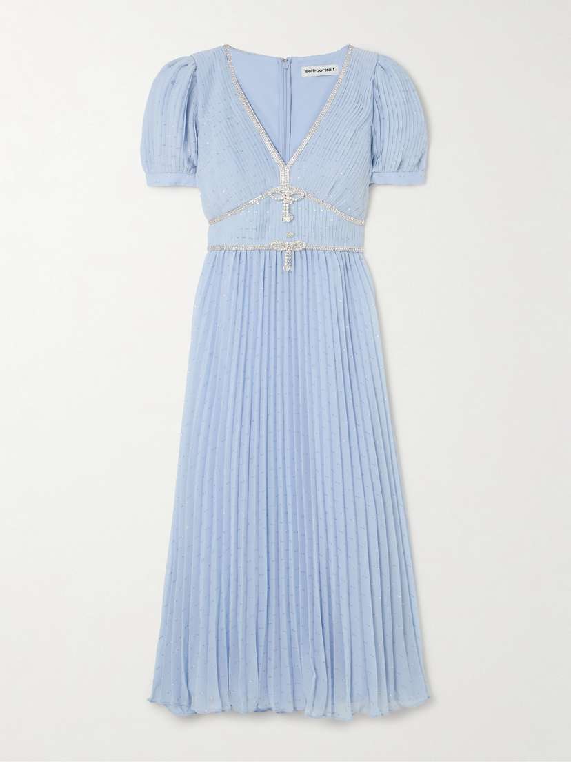Self-Portrait Crystal-embellished Metallic Fil Coupé Plissé-chiffon Midi Dress - UK 4