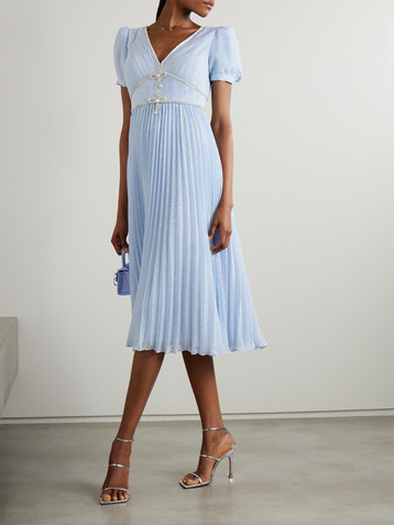self-portrait Crystal-embellished metallic fil coupé plissé-chiffon midi dress
