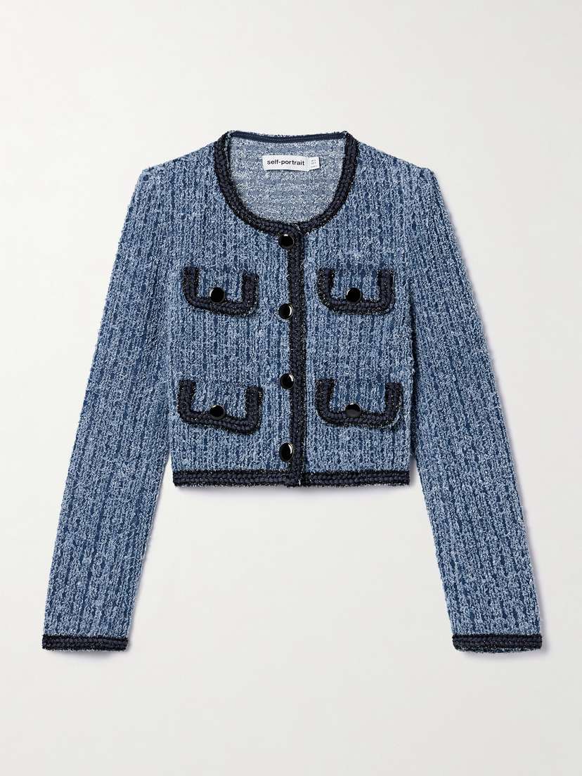 Self-Portrait Cropped Denim-tweed Jacket - UK 14
