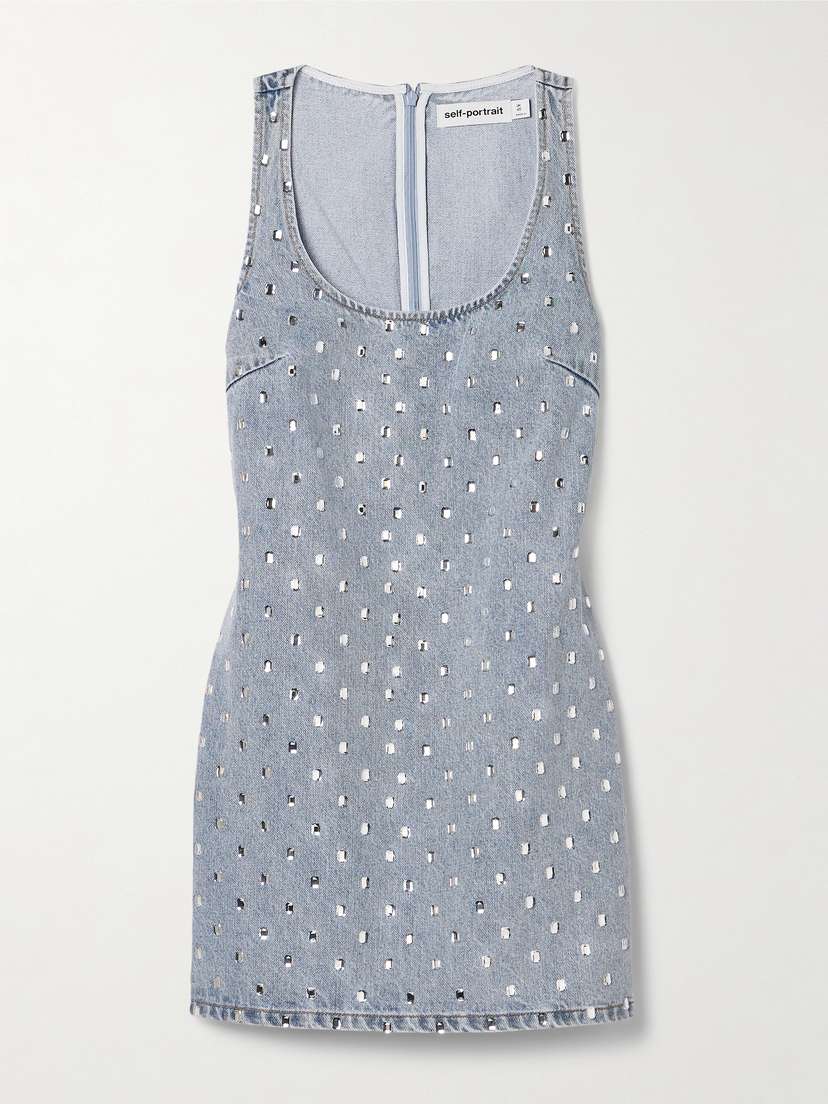 Self-Portrait Crystal-embellished Denim Mini Dress - UK 14