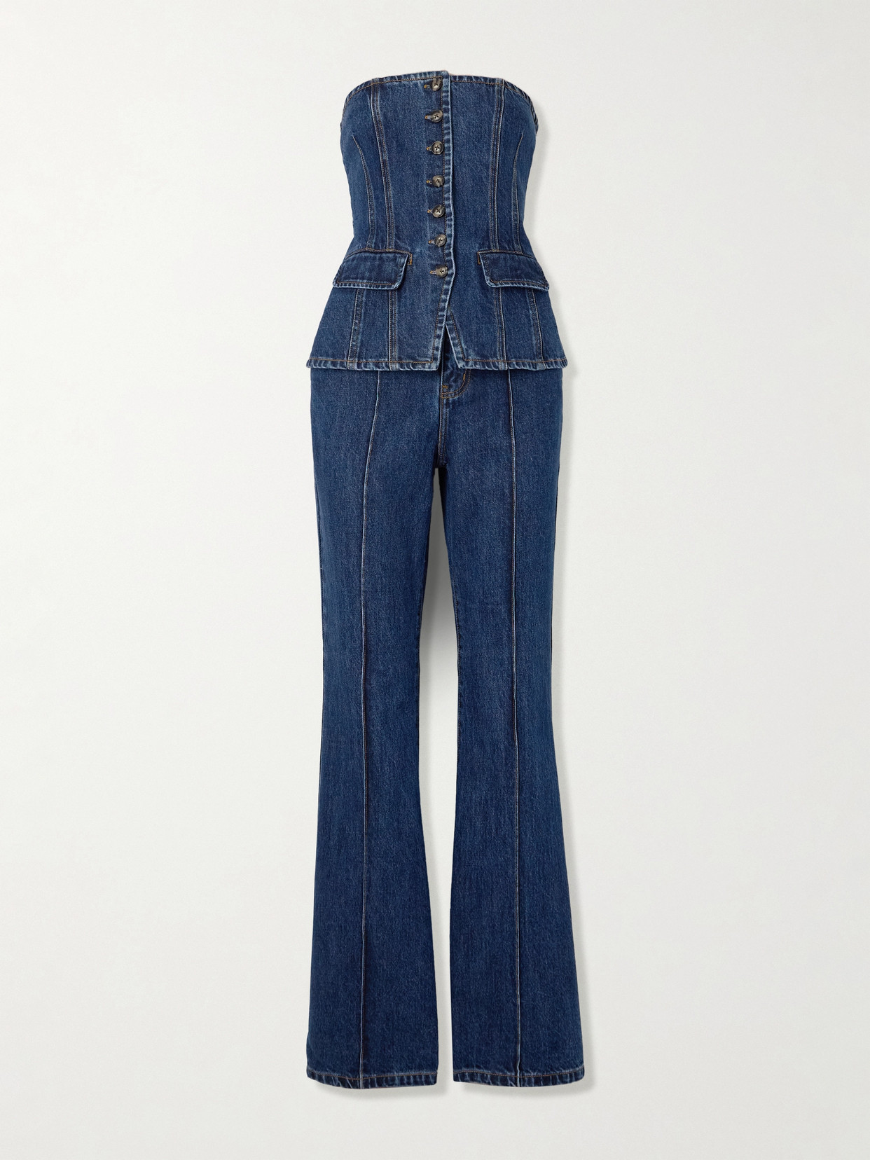 Self-portrait Convertible Strapless Denim Jumpsuit In Blue