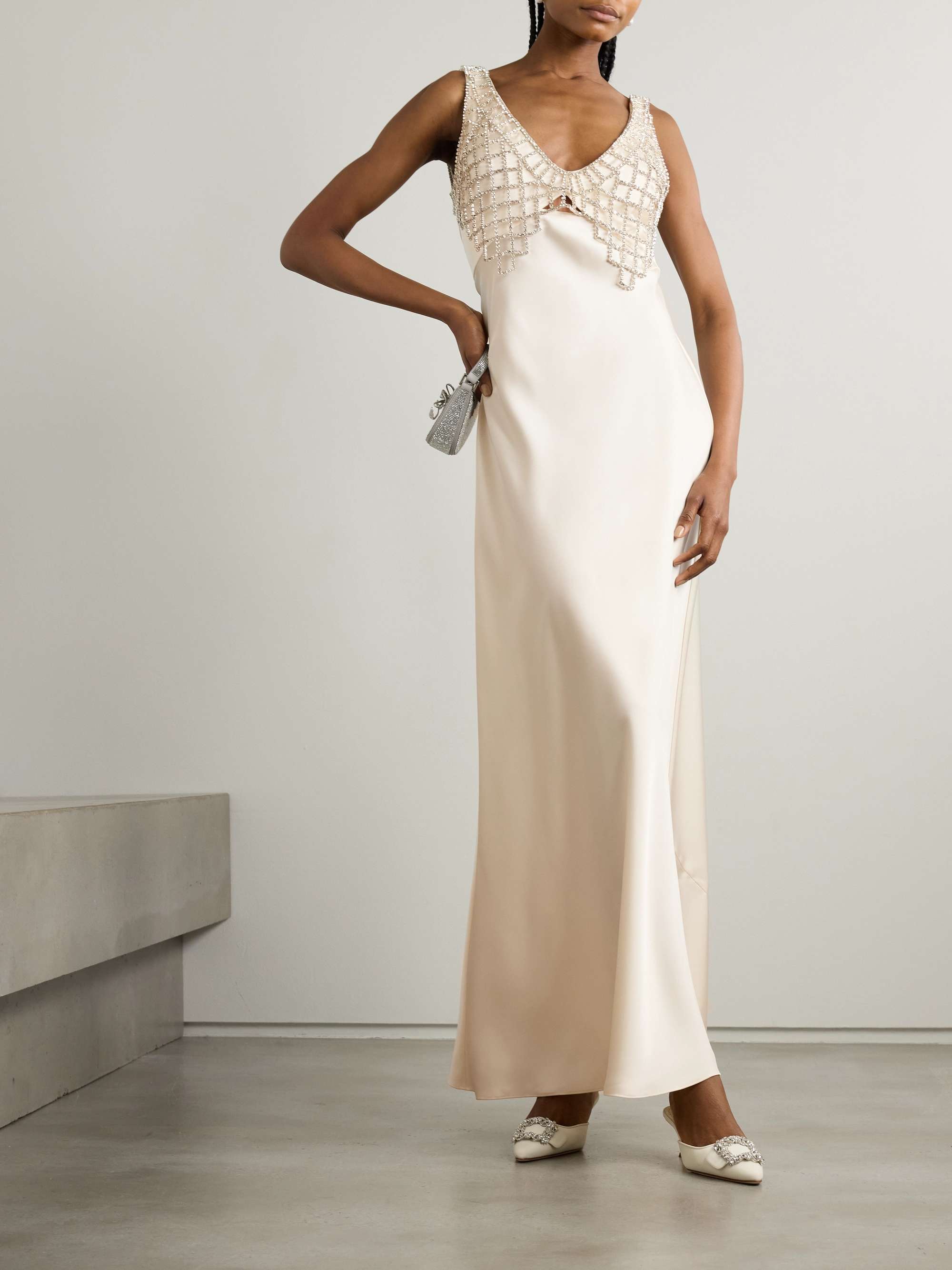 Crystal embellished satin maxi dress cream UK 10