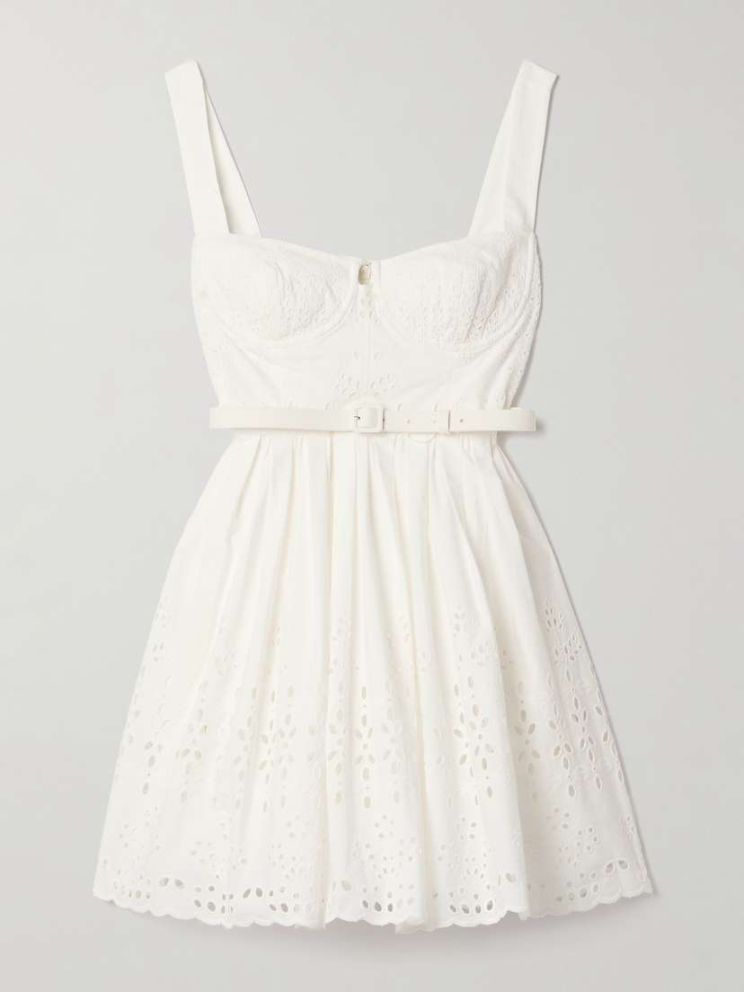 Self-Portrait Belted Pleated Broderie Anglaise Cotton-voile Mini Dress - UK 4