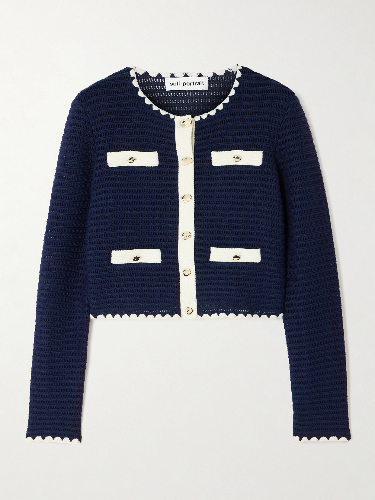 Self-portrait Crochet Knitted Cardigan With Contrasting Profiles In Blue