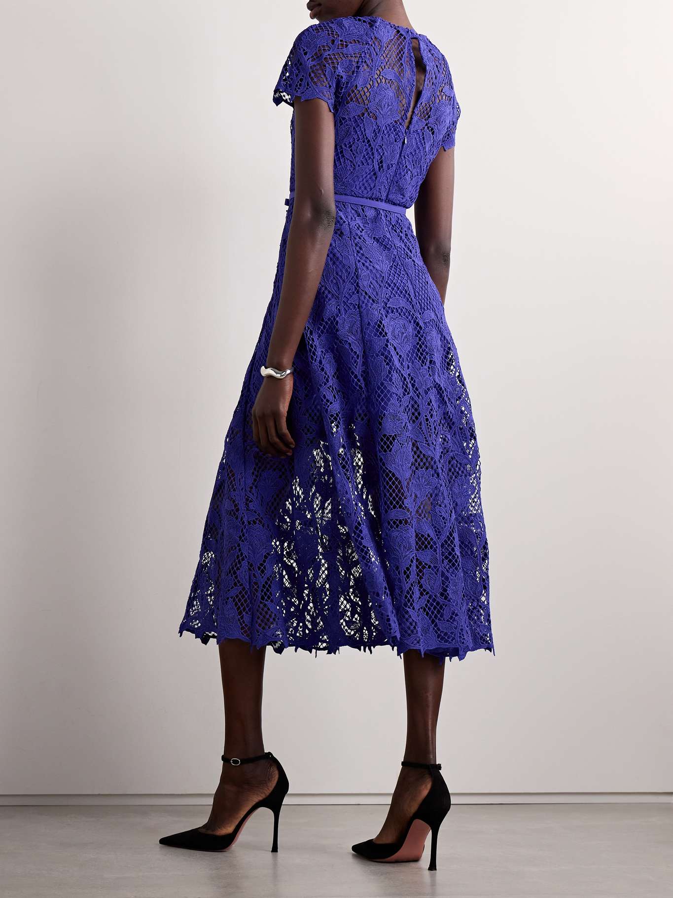 30s Guipure Lace Collar Belted Leaf Print Dress