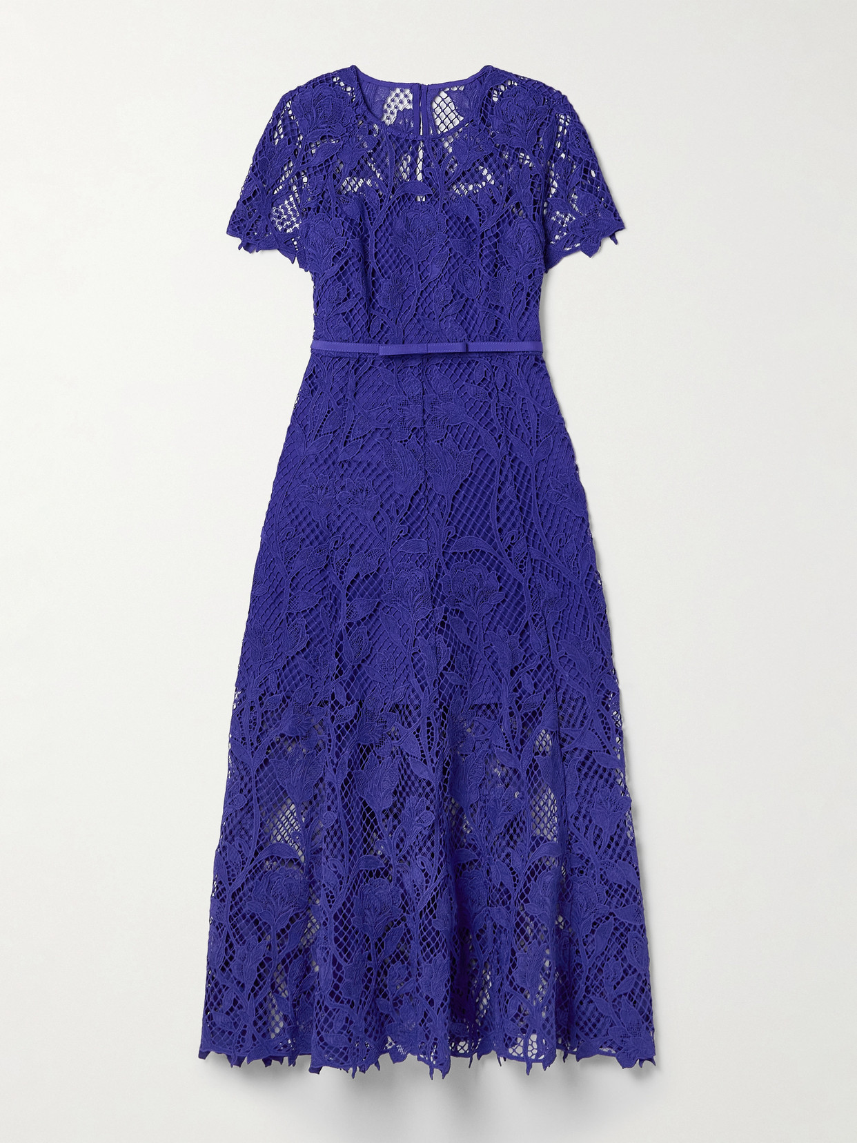 Self-portrait Belted Guipure Lace Midi Dress In Blue