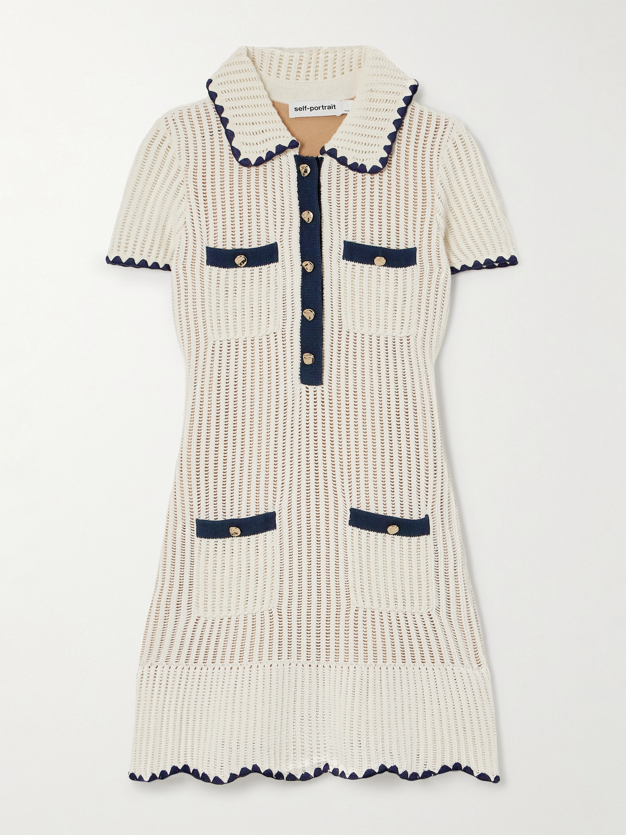 Self-portrait Embellished Open-knit Mini Dress In Cream