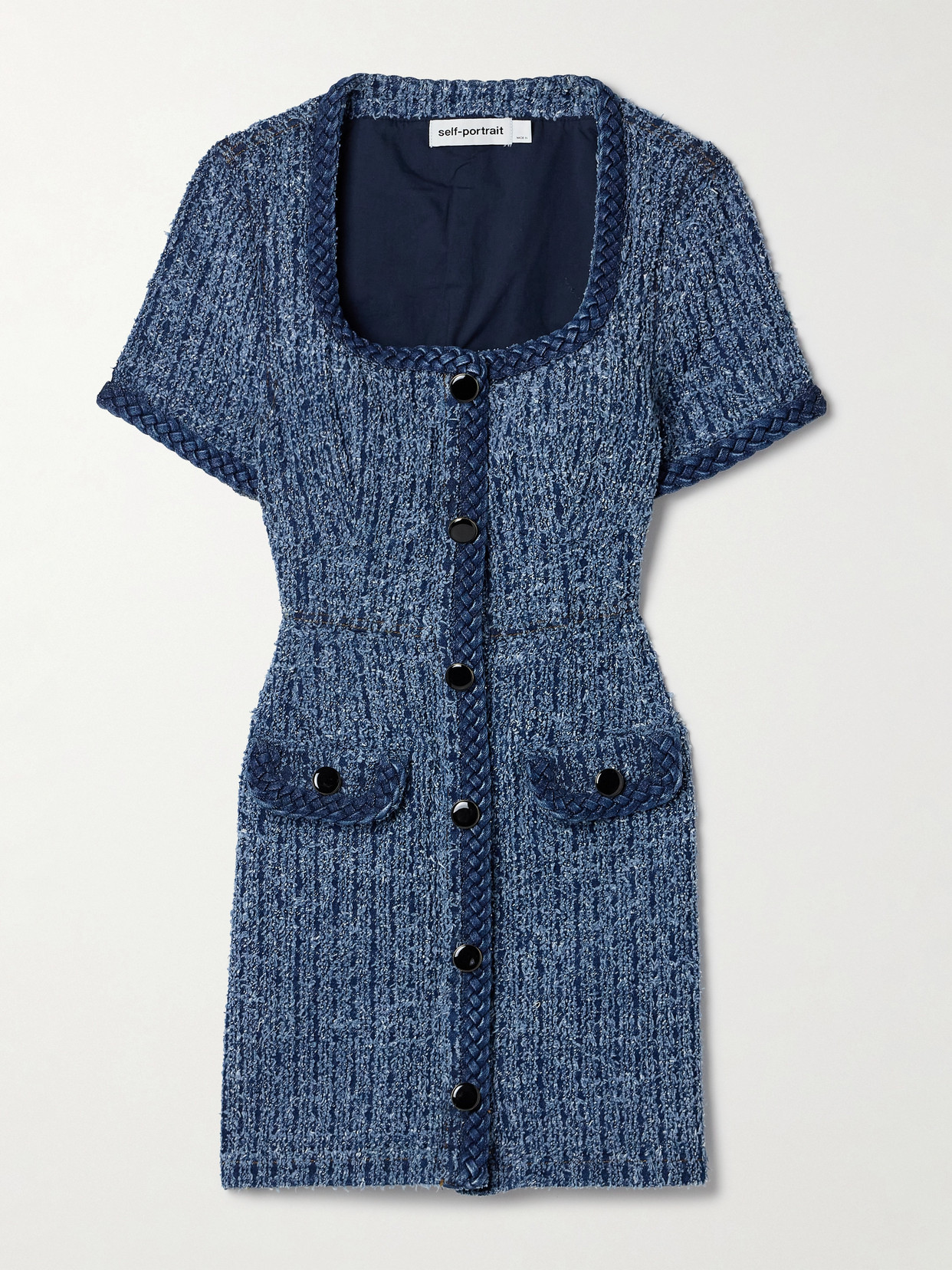 Self-Portrait - Braided-trimmed Denim-tweed Mini Dress - Blue