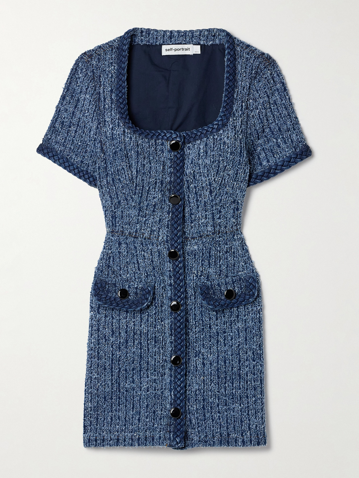 Self-portrait Braided-trimmed Denim-tweed Mini Dress In Blue