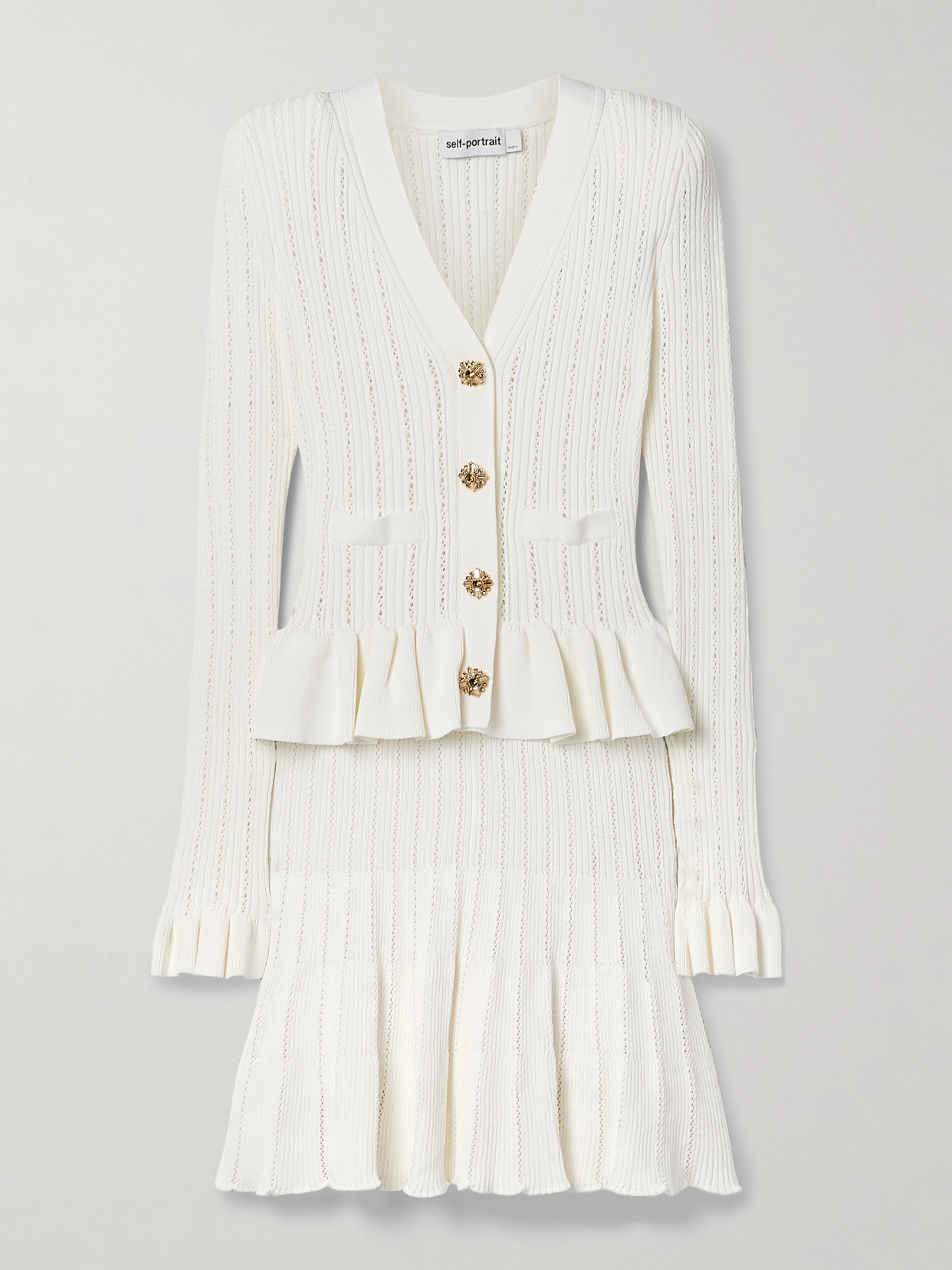 Self-Portrait - Pointelle-knit Peplum Mini Dress - White