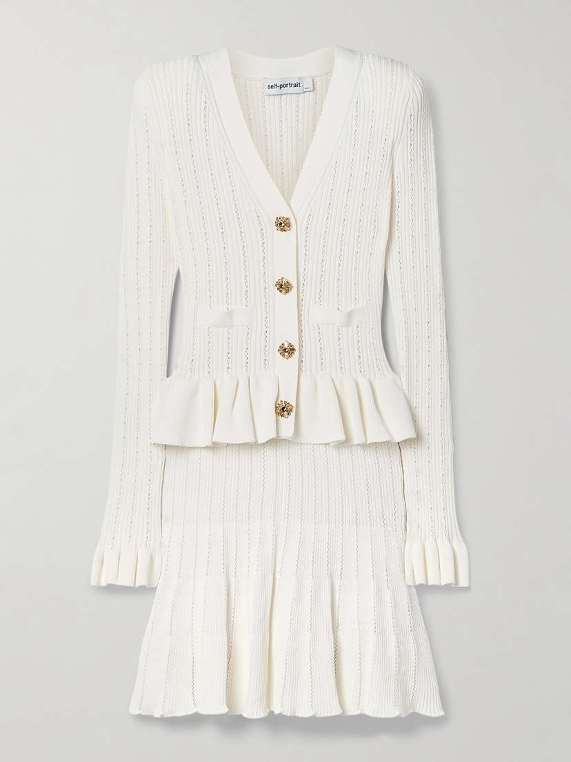 Self-Portrait Pointelle-knit Peplum Mini Dress