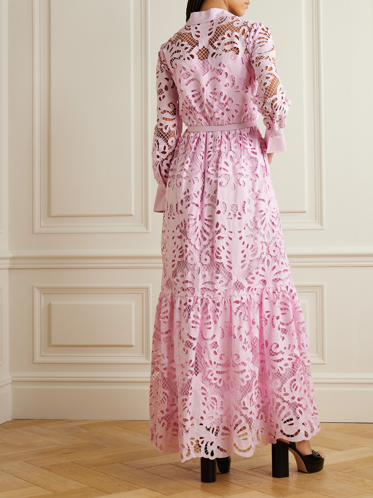 SELF-PORTRAIT BELTED TIERED BRODERIE ANGLAISE COTTON MAXI SHIRT DRESS