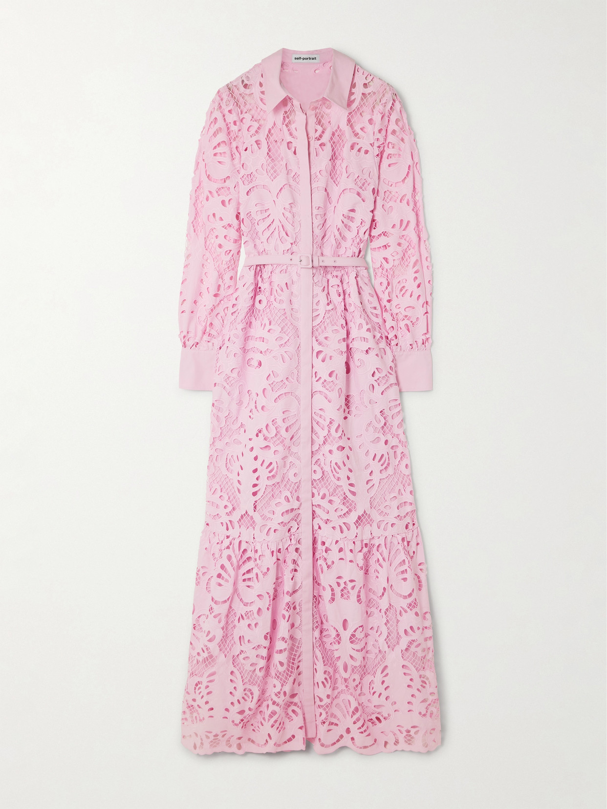 Self-Portrait - Belted Tiered Broderie Anglaise Cotton Maxi Shirt Dress - Pink