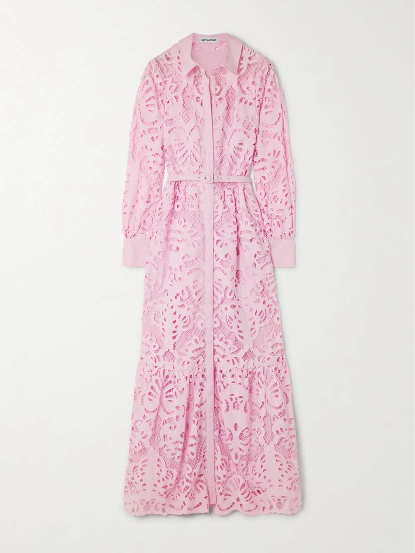 Self-Portrait Belted Tiered Broderie Anglaise Cotton Maxi Shirt Dress
