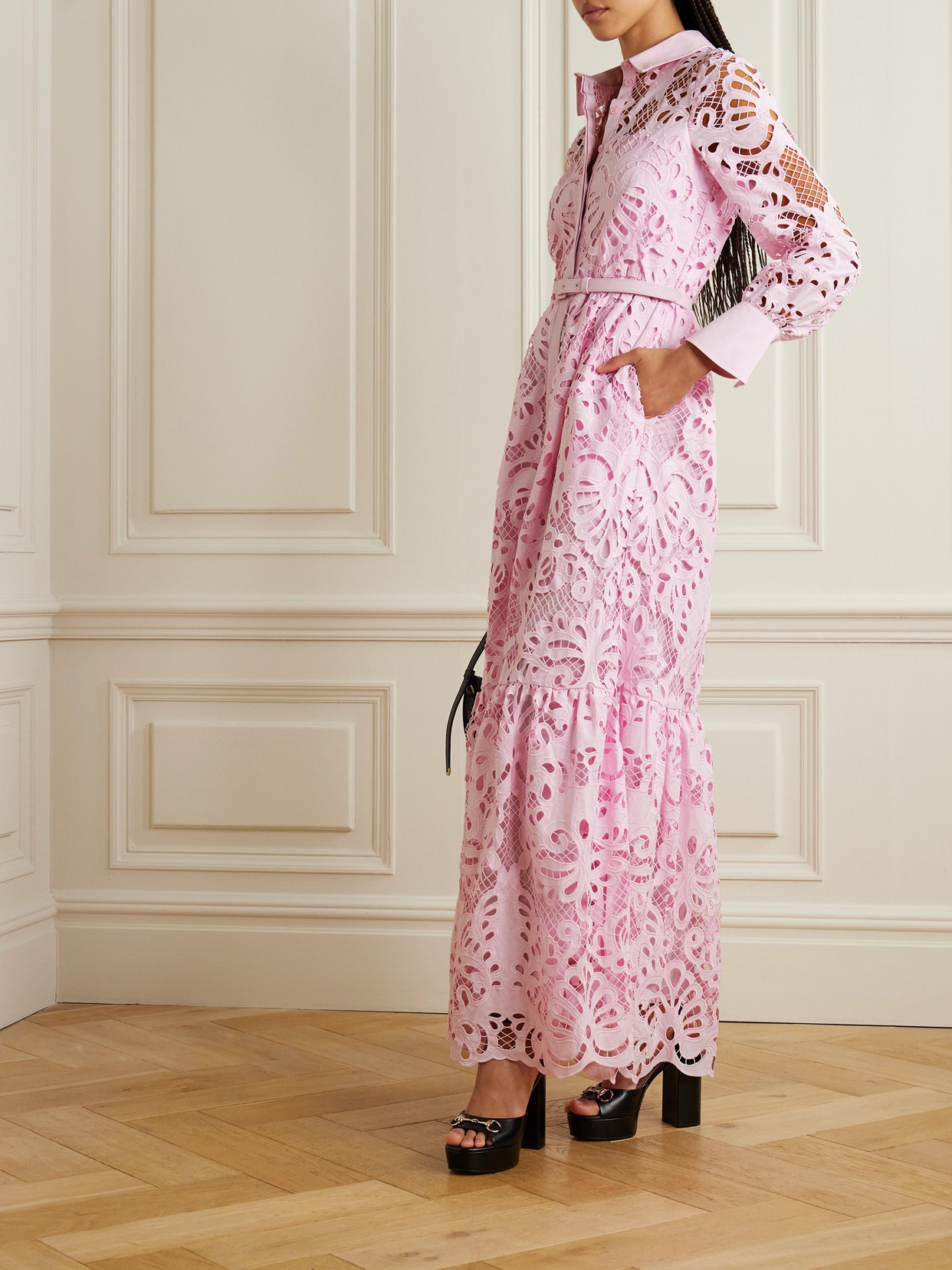 SELF-PORTRAIT BELTED TIERED BRODERIE ANGLAISE COTTON MAXI SHIRT DRESS