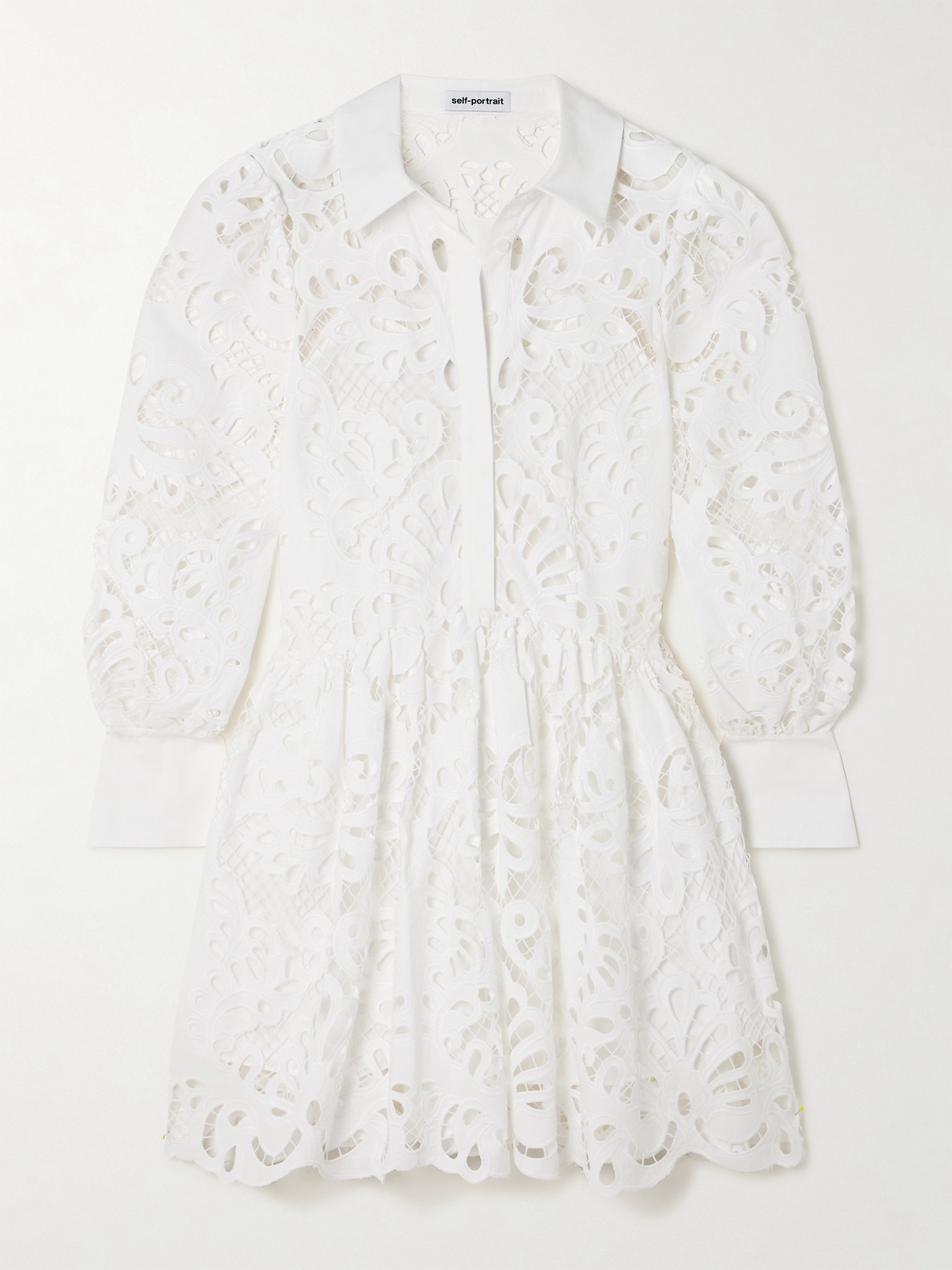Self-portrait Gathered Broderie Anglaise Cotton Mini Shirt Dress In White
