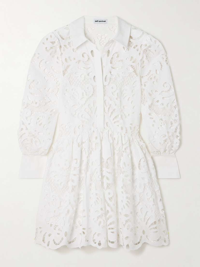 Self-Portrait Gathered Broderie Anglaise Cotton Mini Shirt Dress