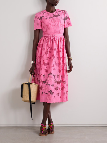 self-portrait Belted cotton-blend guipure lace midi dress