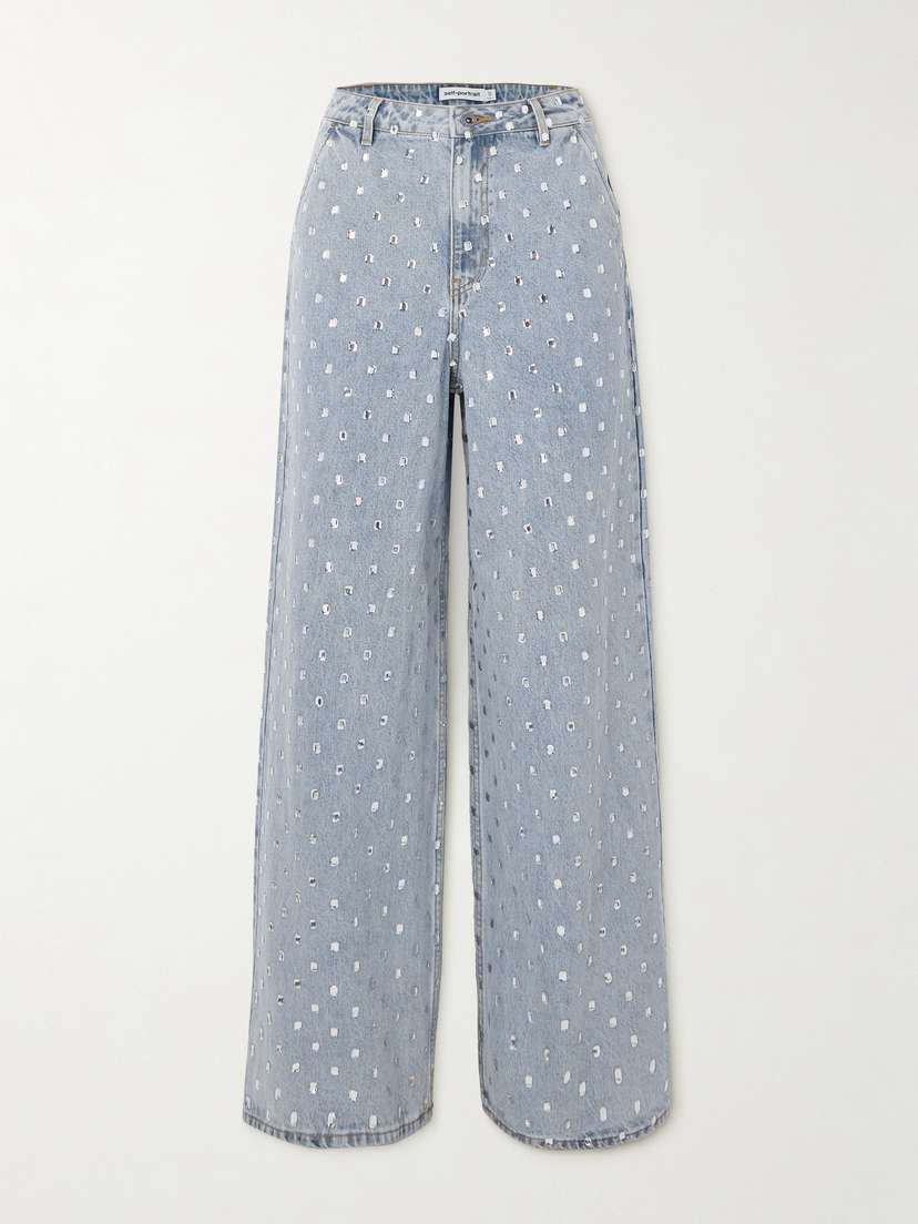 Self-Portrait Crystal-embellished High-rise Wide-leg Jeans