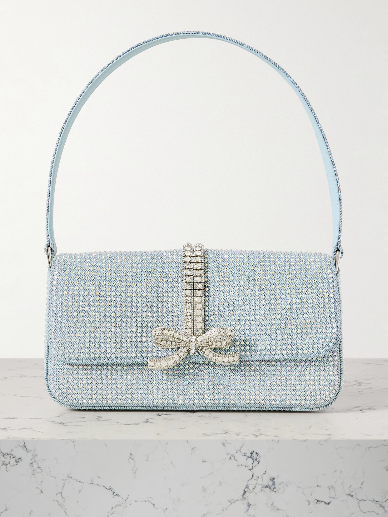 Self-Portrait - Crystal-embellished Denim Shoulder Bag - Blue