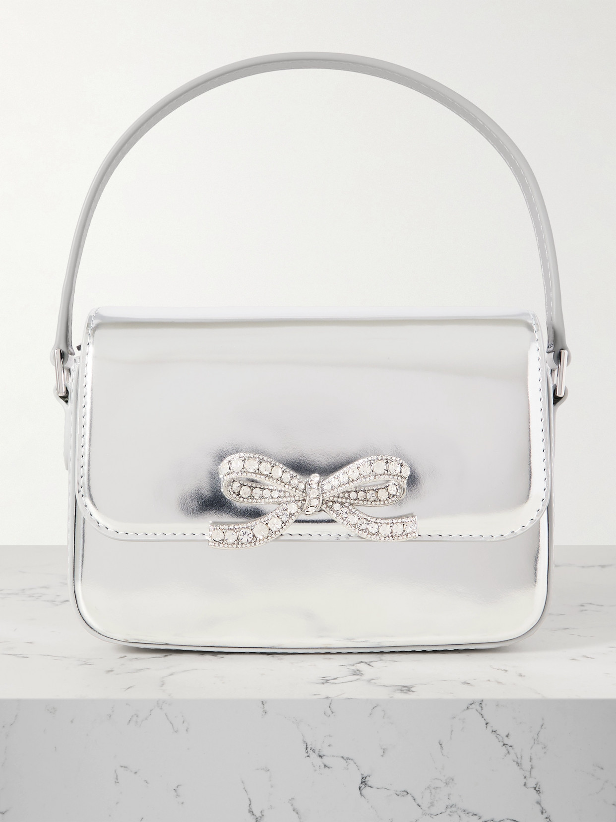 Self-Portrait - Crystal-embellished Metallic Leather Shoulder Bag - Silver