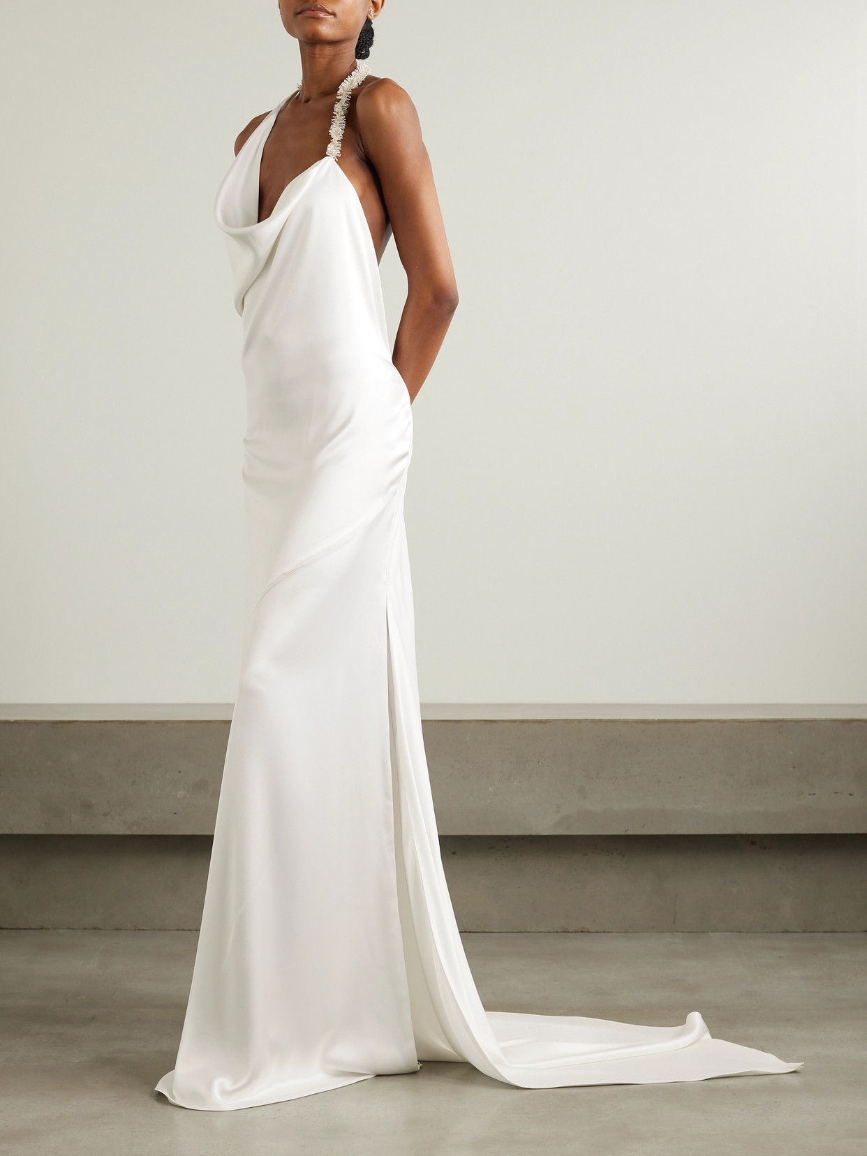 Shop Maticevski Desires Draped Silk-satin Halterneck Gown In White