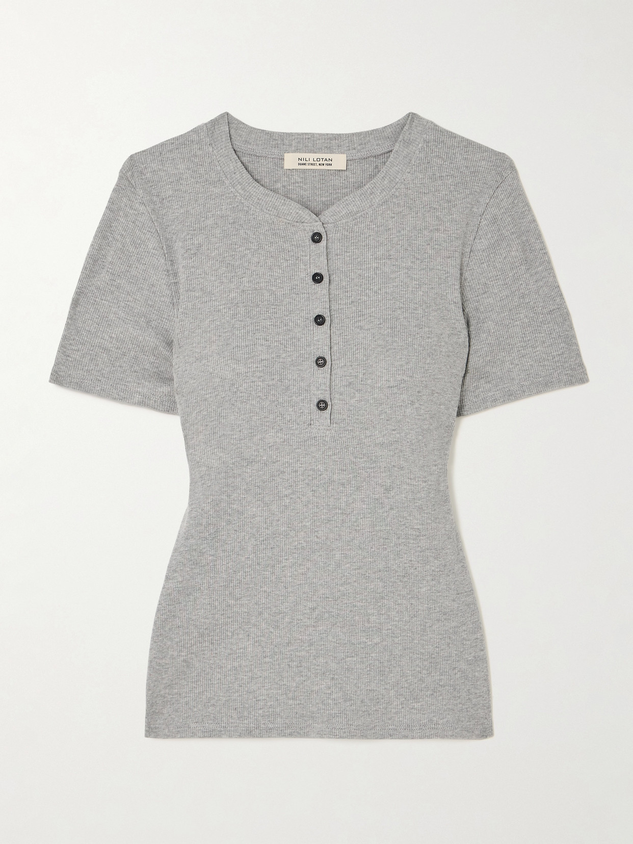 Nili Lotan Lorene Ribbed Cotton Henley Top In Grey