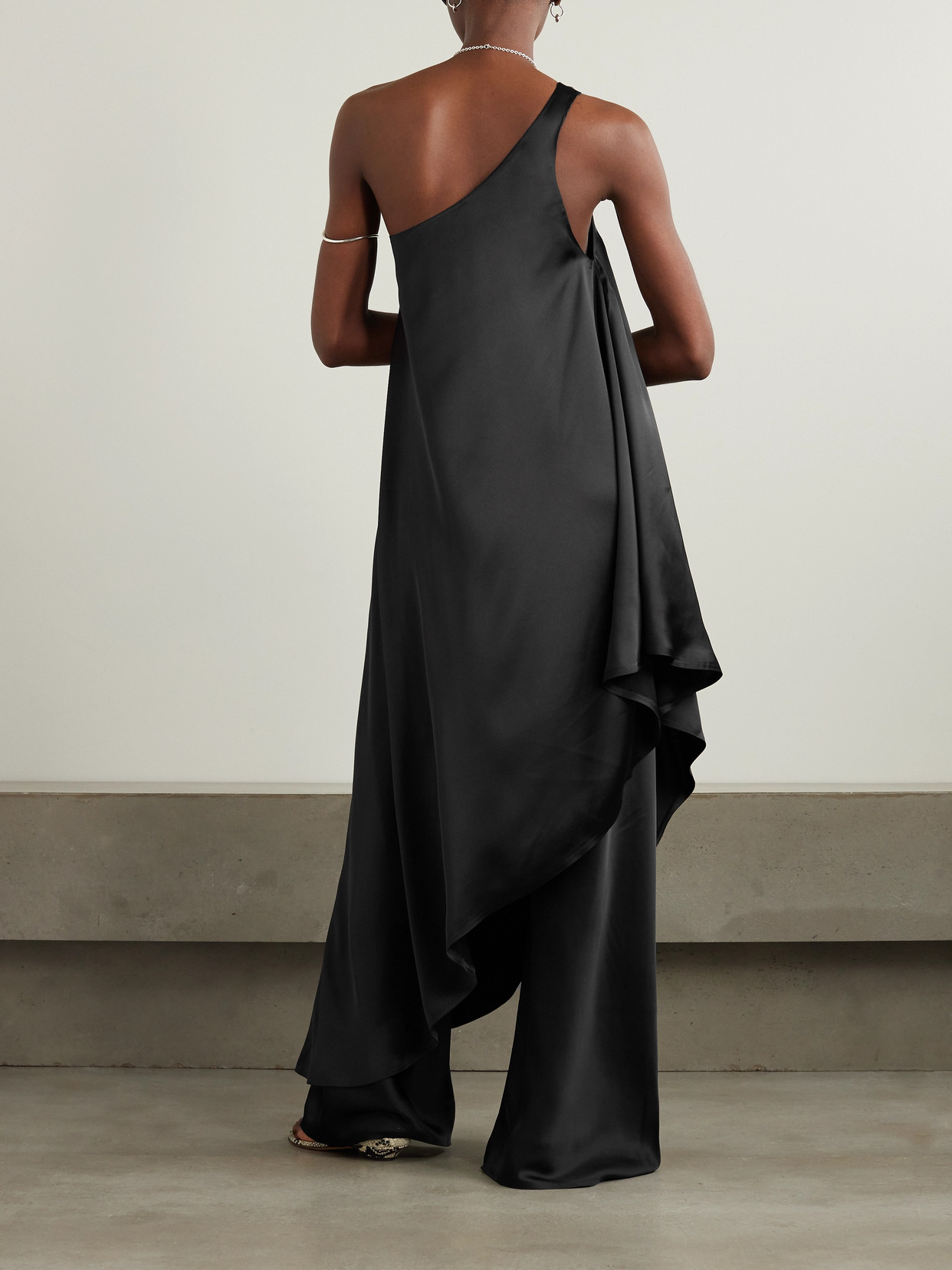 Norma Kamali One-shoulder Asymmetric Satin Tunic In Black