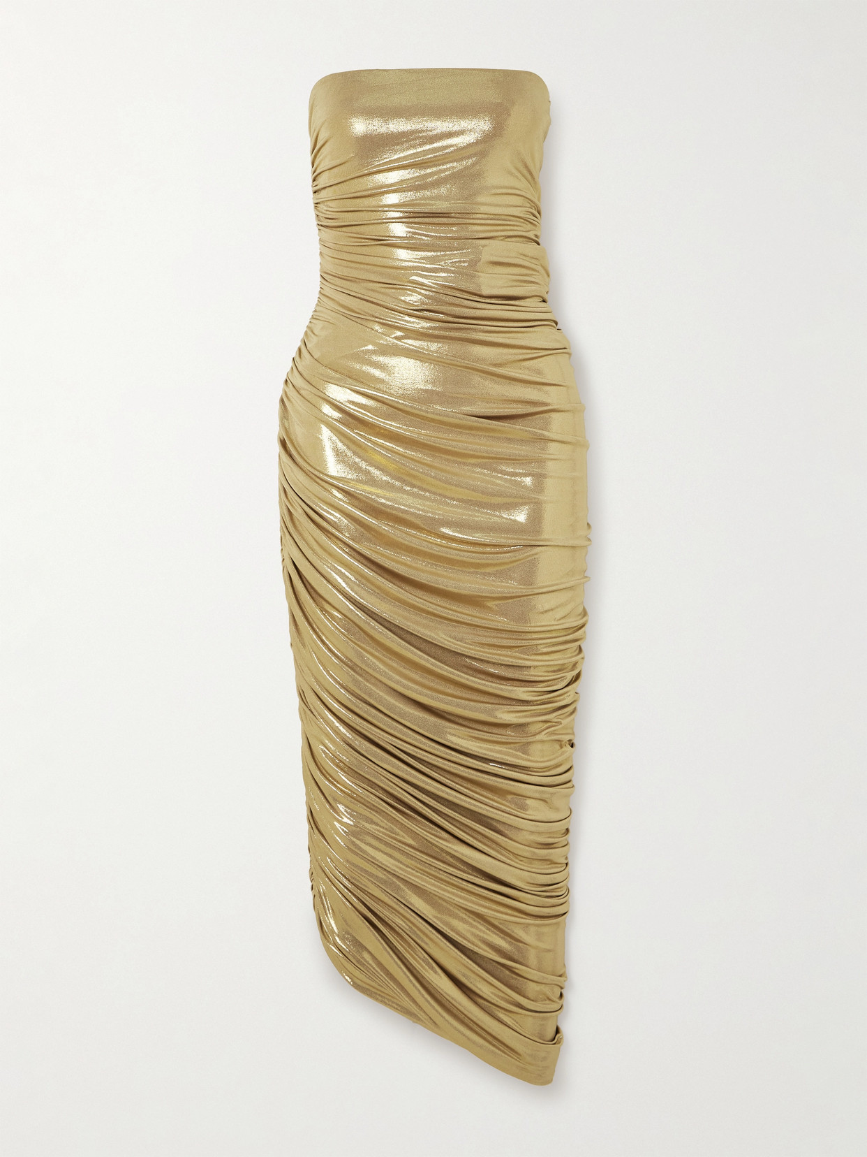 Shop Norma Kamali Diana Strapless Ruched Metallic Stretch-jersey Gown In Gold