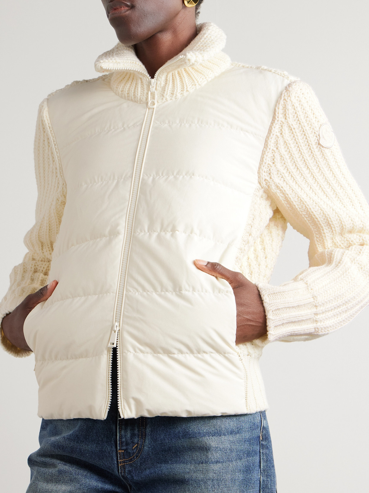Moncler Appliquéd Quilted Shell-trimmed Wool And Cashmere-blend Down Cardigan In Cream