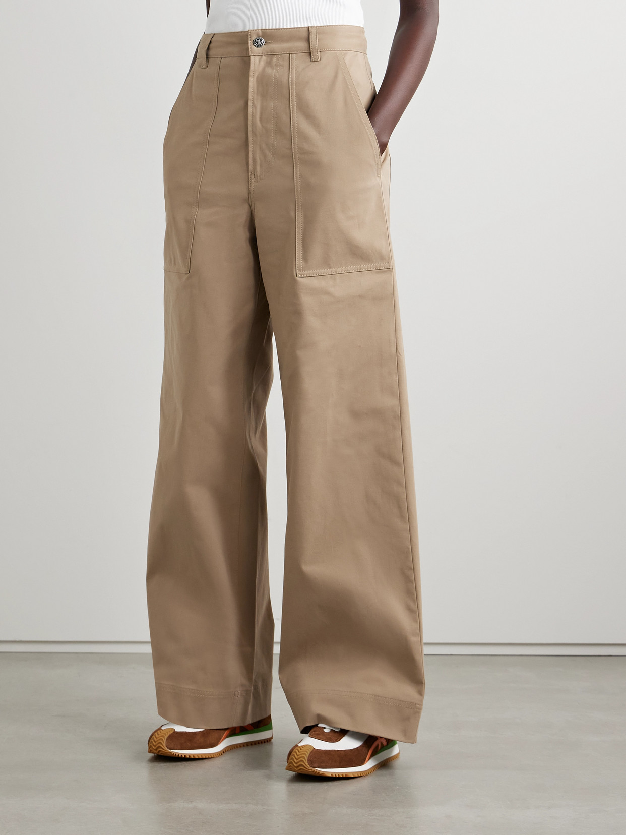 Shop Moncler Cotton-blend Twill Wide Leg Pants In Brown