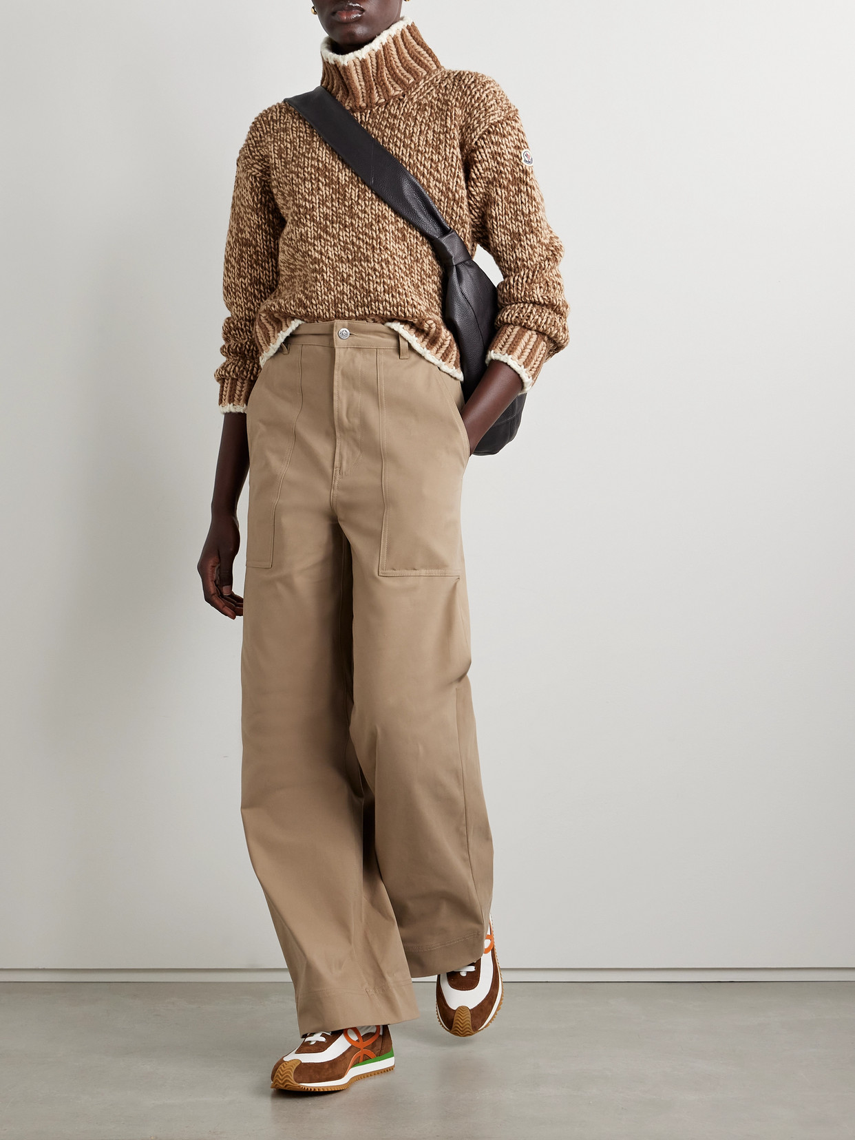 Shop Moncler Cotton-blend Twill Wide Leg Pants In Brown