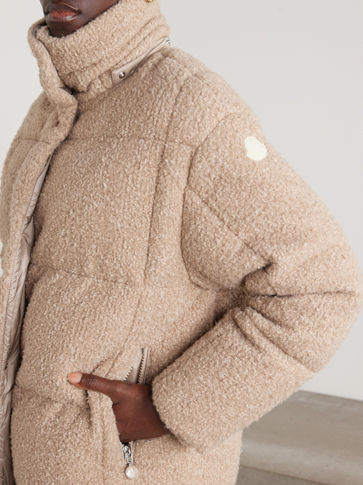 Appliquéd Quilted Metallic Bouclé Hooded Down Jacket