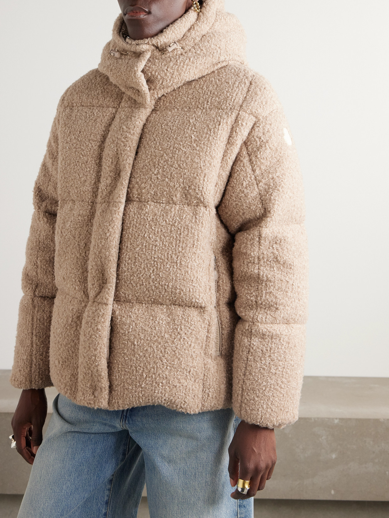 Appliquéd Quilted Metallic Bouclé Hooded Down Jacket