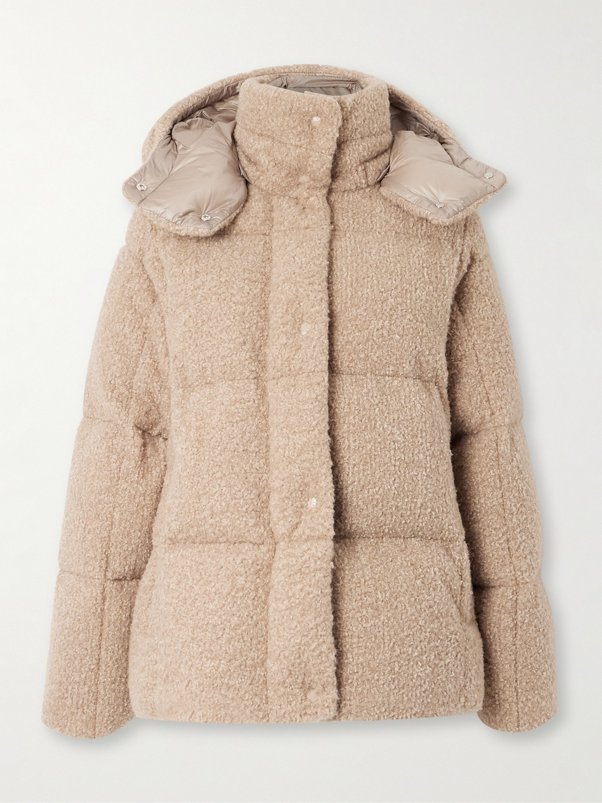 Moncler Appliquéd Quilted Metallic Bouclé Hooded Down Jacket In Neutrals