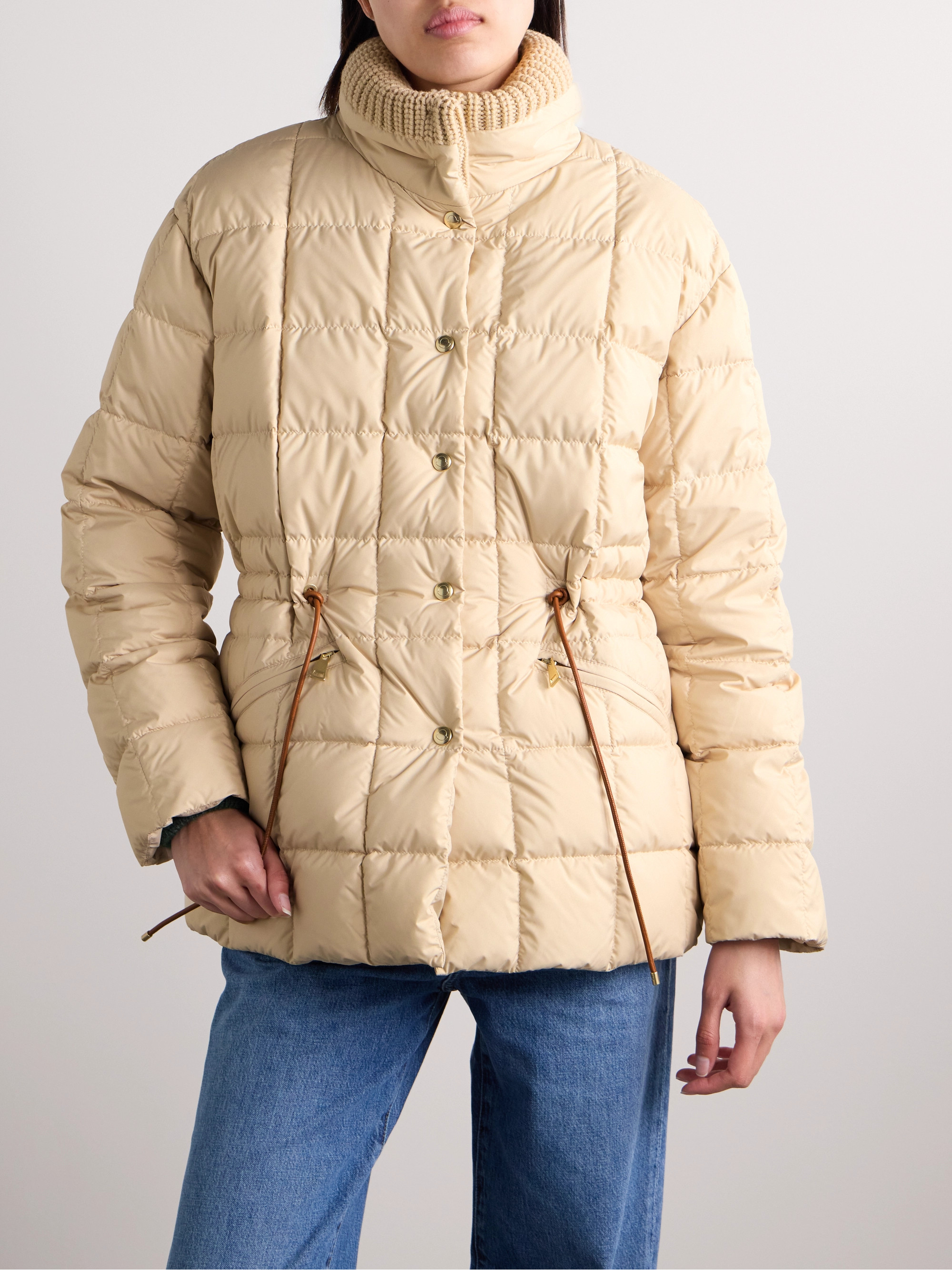 Moncler - Antigone ribbed-knit and leather-trimmed padded quilted