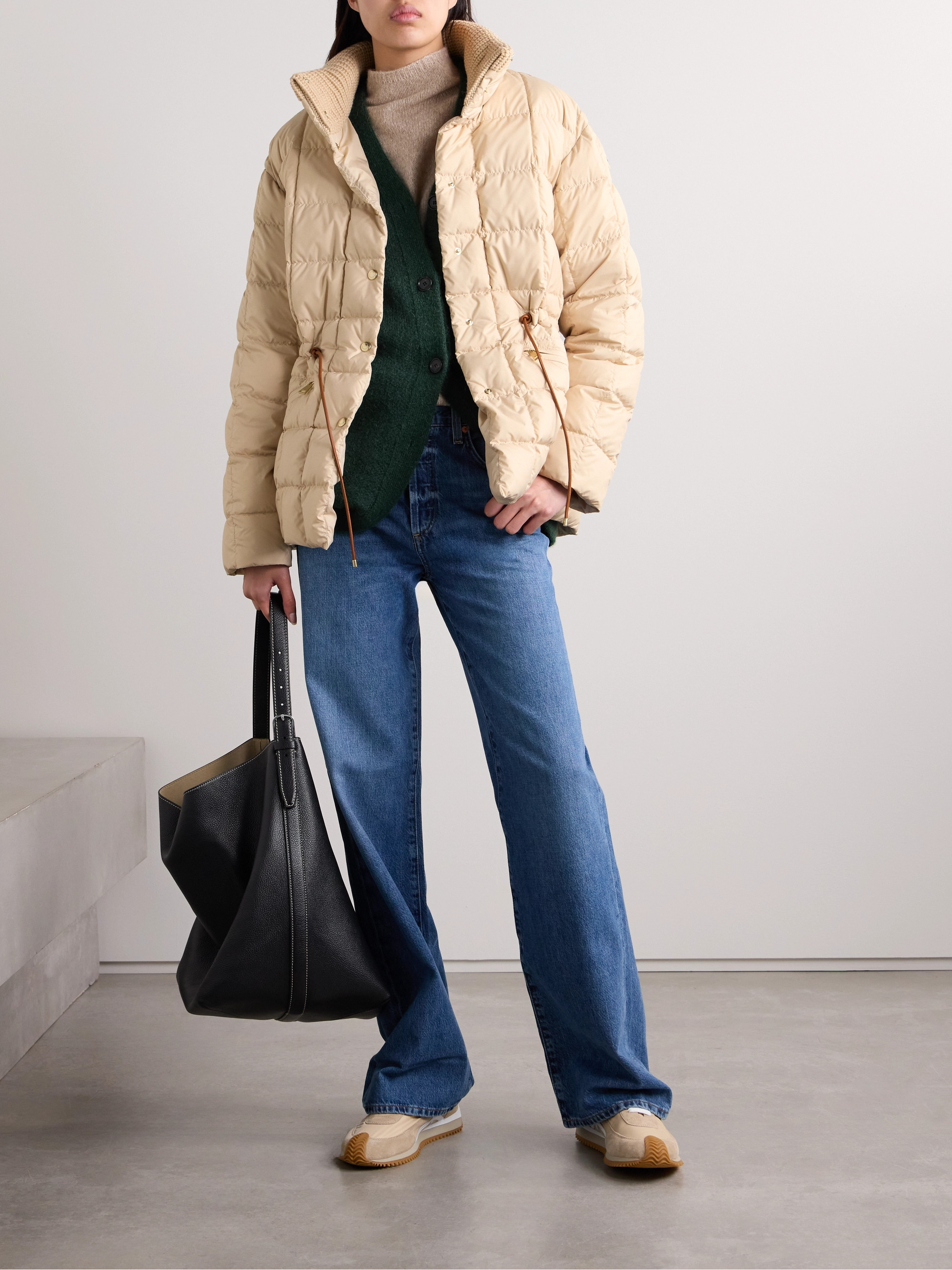 Moncler - Antigone ribbed-knit and leather-trimmed padded quilted