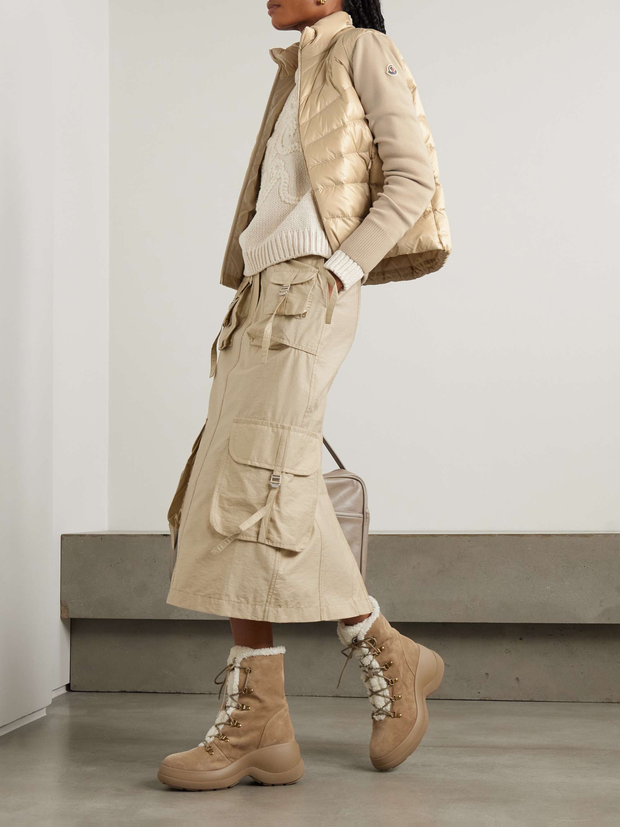 Apliqued wool and quilted shell down cardigan off white xx small