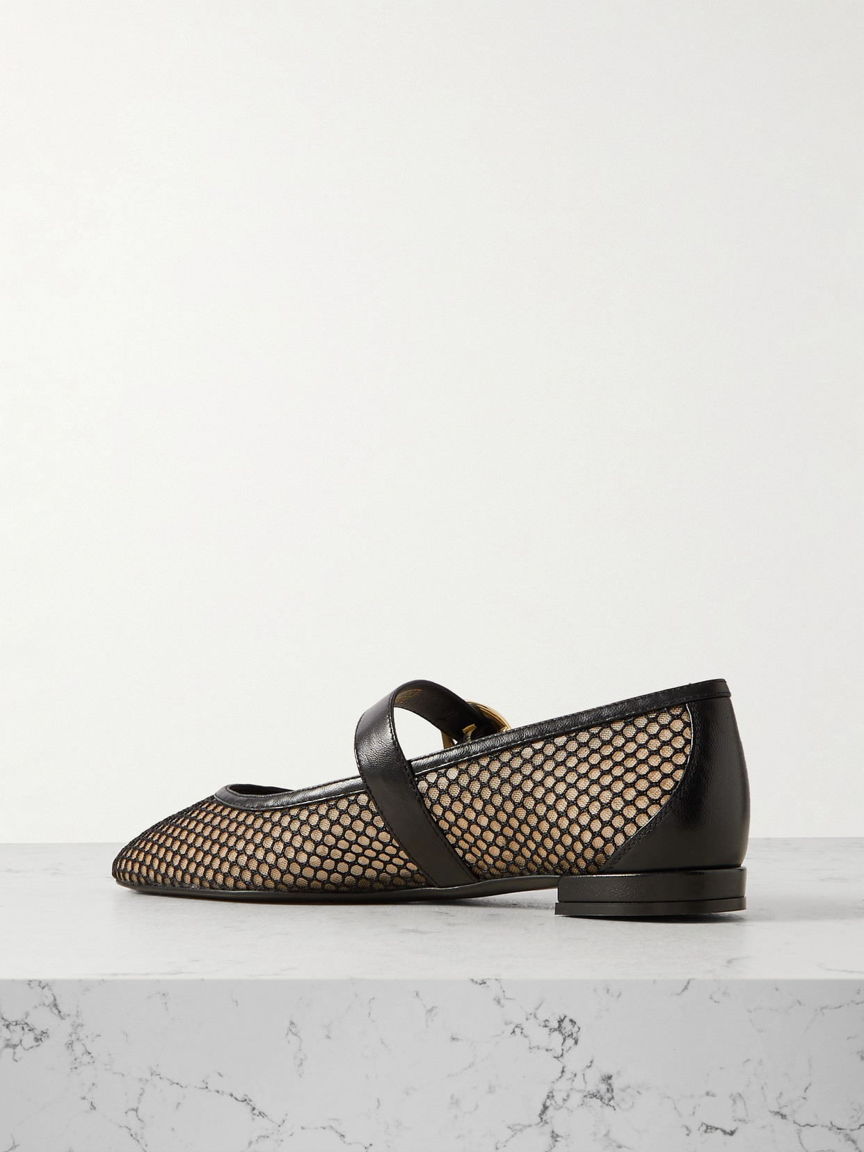 Arabella Buckled Leather-Trimmed Mesh Mary Jane Flats