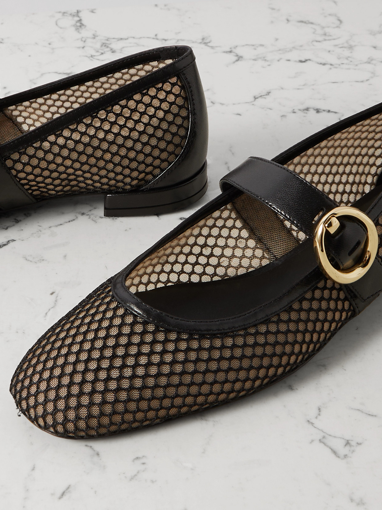 Arabella Buckled Leather-Trimmed Mesh Mary Jane Flats