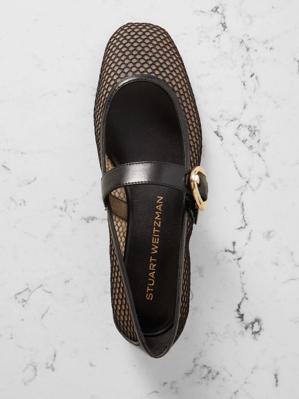 Arabella Buckled Leather-Trimmed Mesh Mary Jane Flats