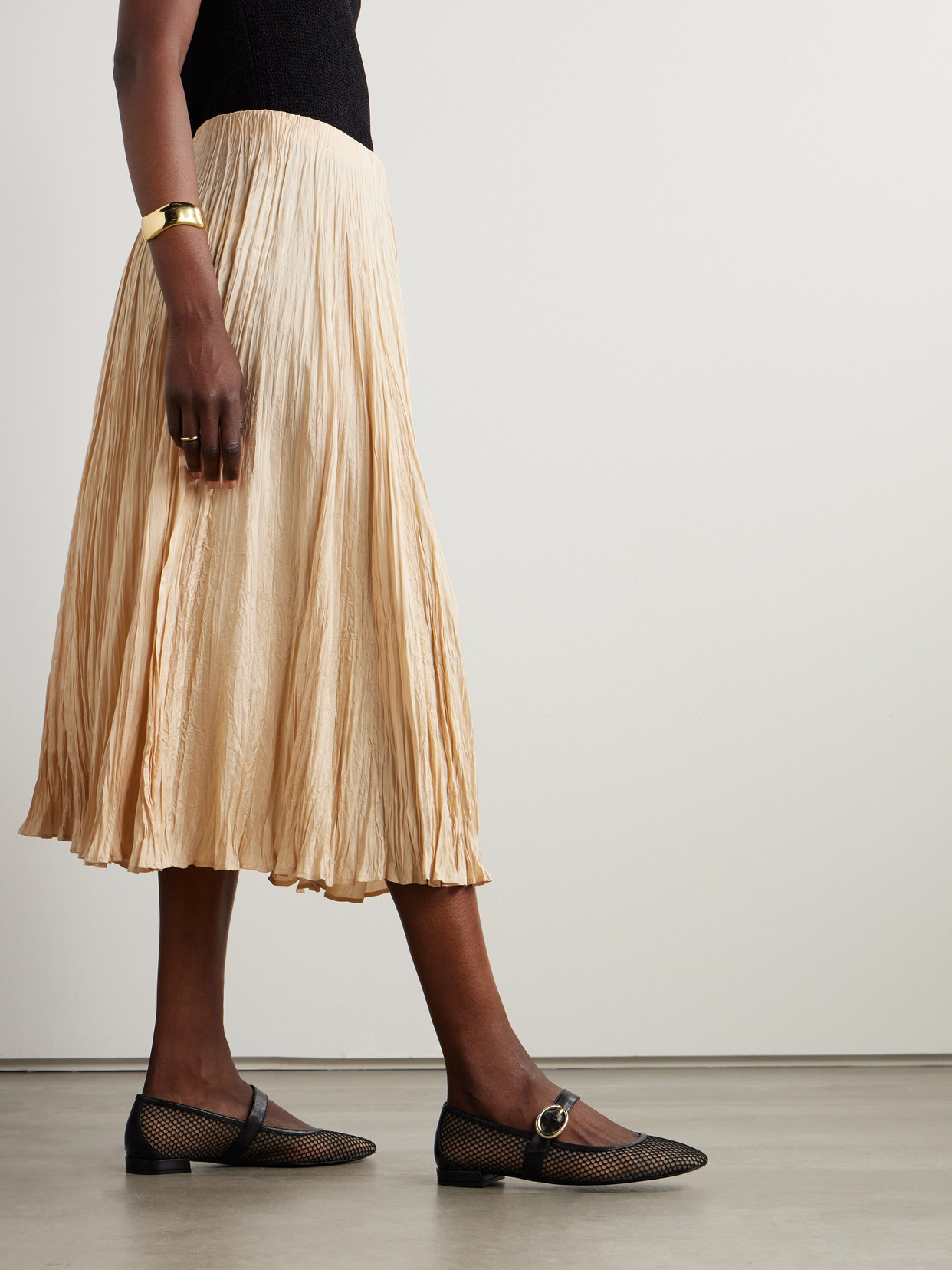 Arabella Buckled Leather-Trimmed Mesh Mary Jane Flats
