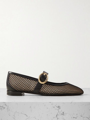 Stuart Weitzman Arabella buckled leather-trimmed mesh Mary Jane flats
