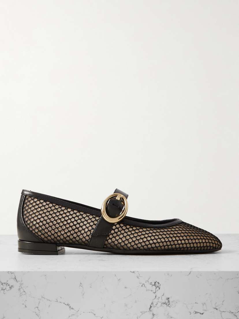 Stuart Weitzman Arabella Buckled Leather-trimmed Mesh Mary Jane Flats