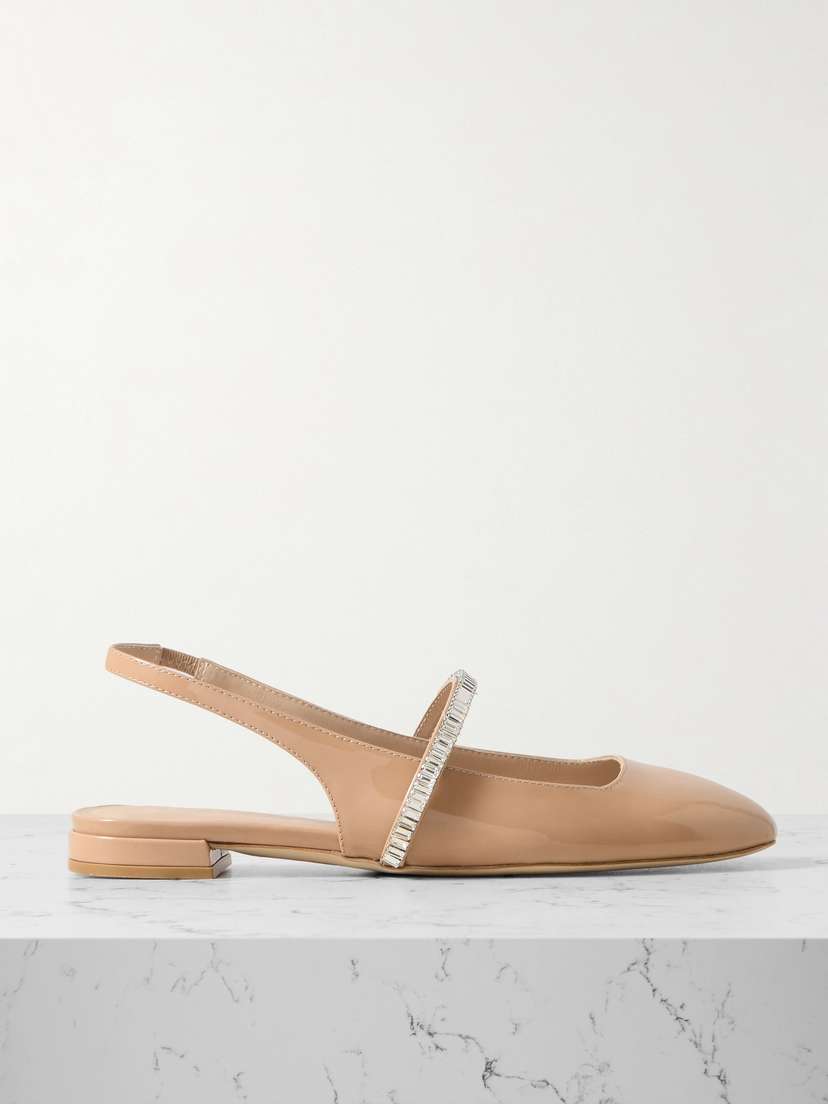 Stuart Weitzman Stefanie Crystal-embellished Patent-leather Slingback Flats