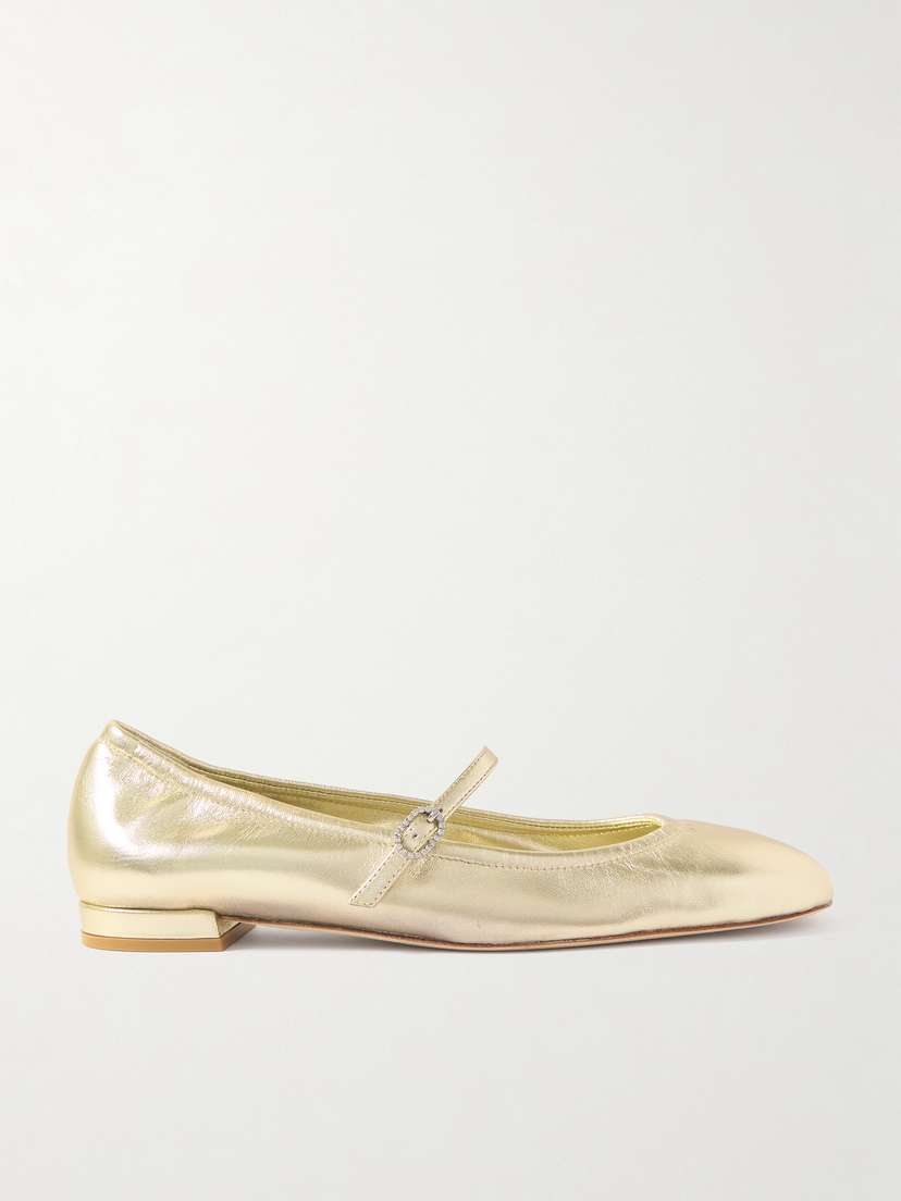 Stuart Weitzman Claris Crystal-embellished Metallic Leather Mary Jane Ballet Flats