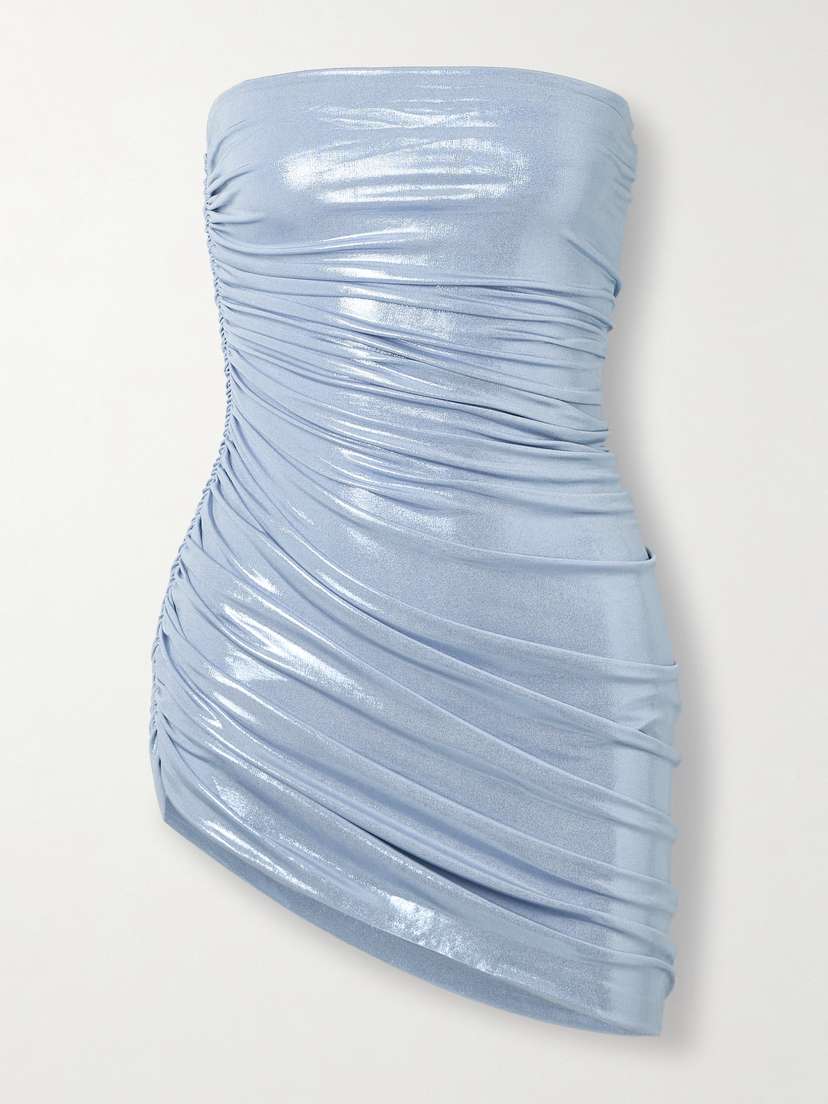 Norma Kamali Diana Strapless Ruched Lamé Mini Dress