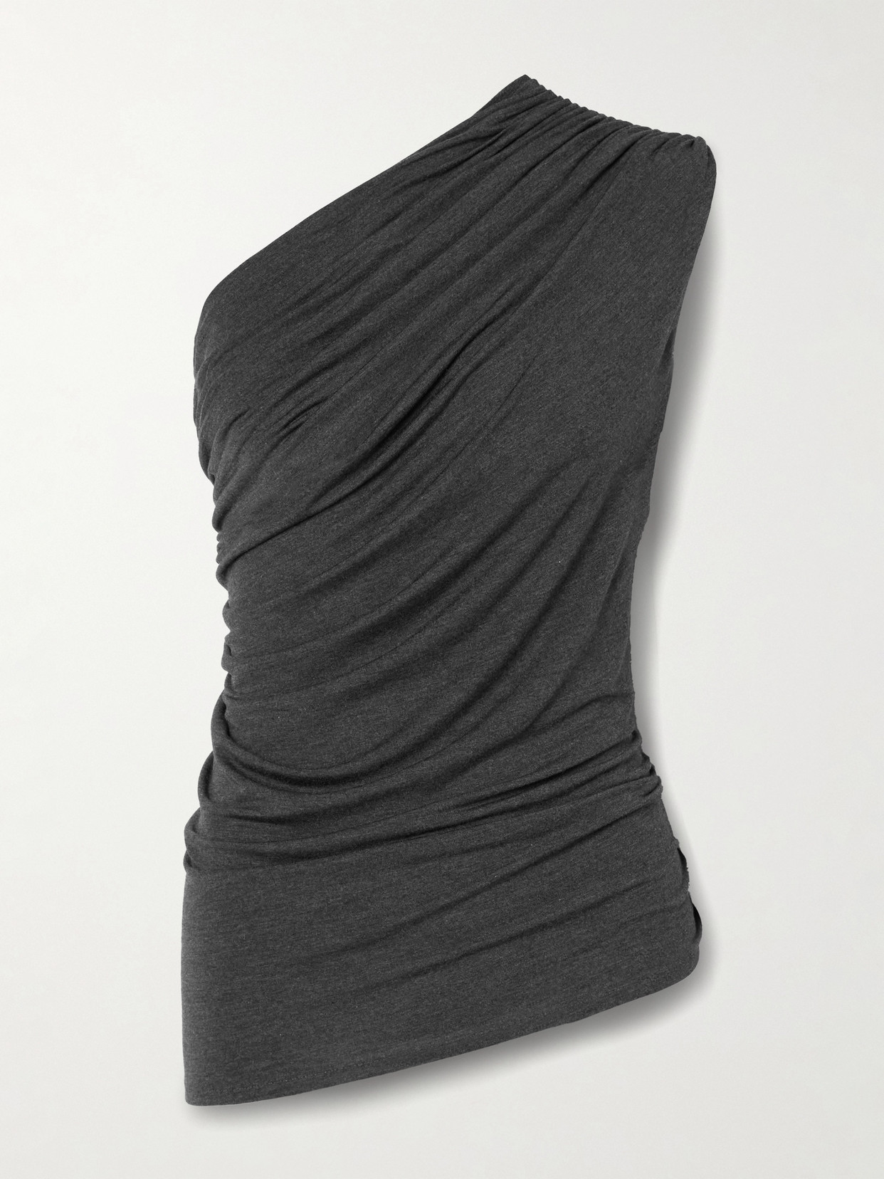 Norma Kamali Diana One-shoulder Ruched Stretch-jersey Top In Gray