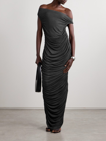 Norma Kamali Off-the-shoulder ruched stretch-jersey gown