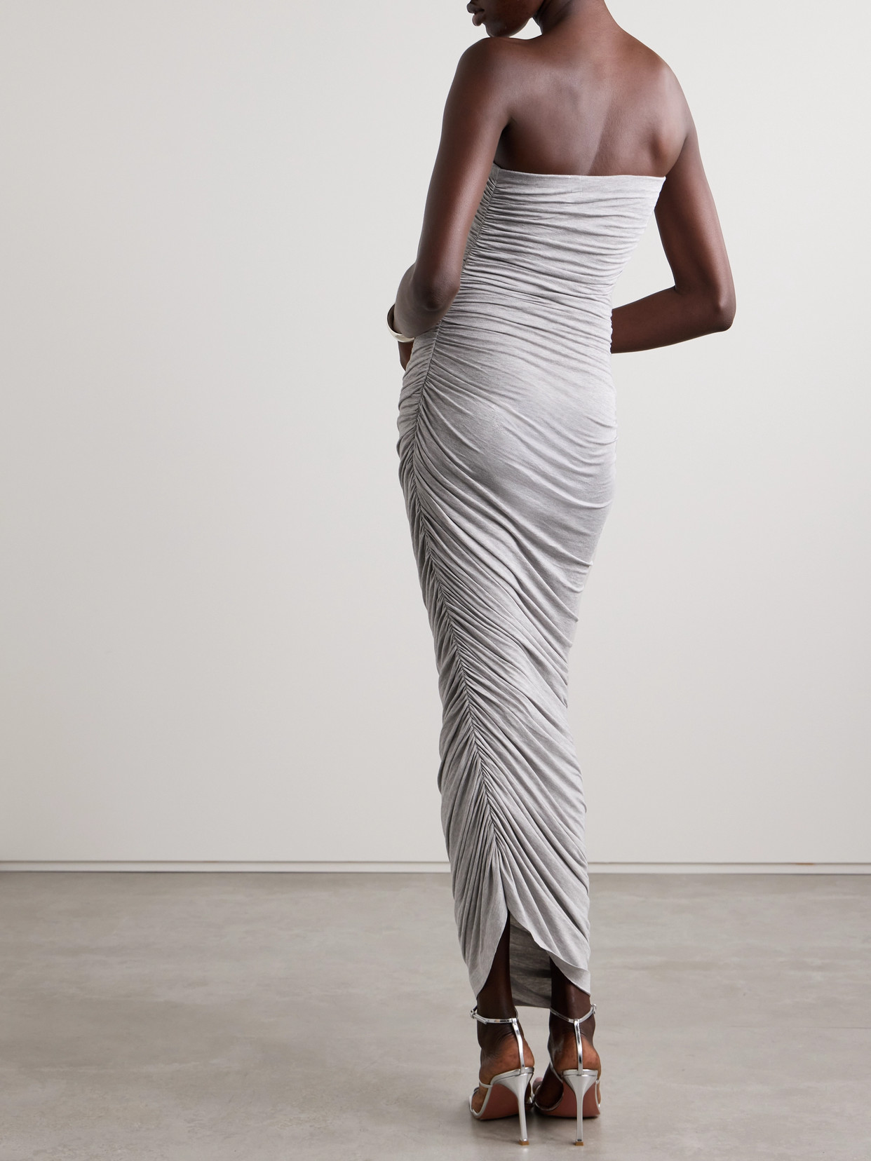 Norma Kamali Diana Strapless Ruched Asymmetric Stretch-jersey Dress In Gray